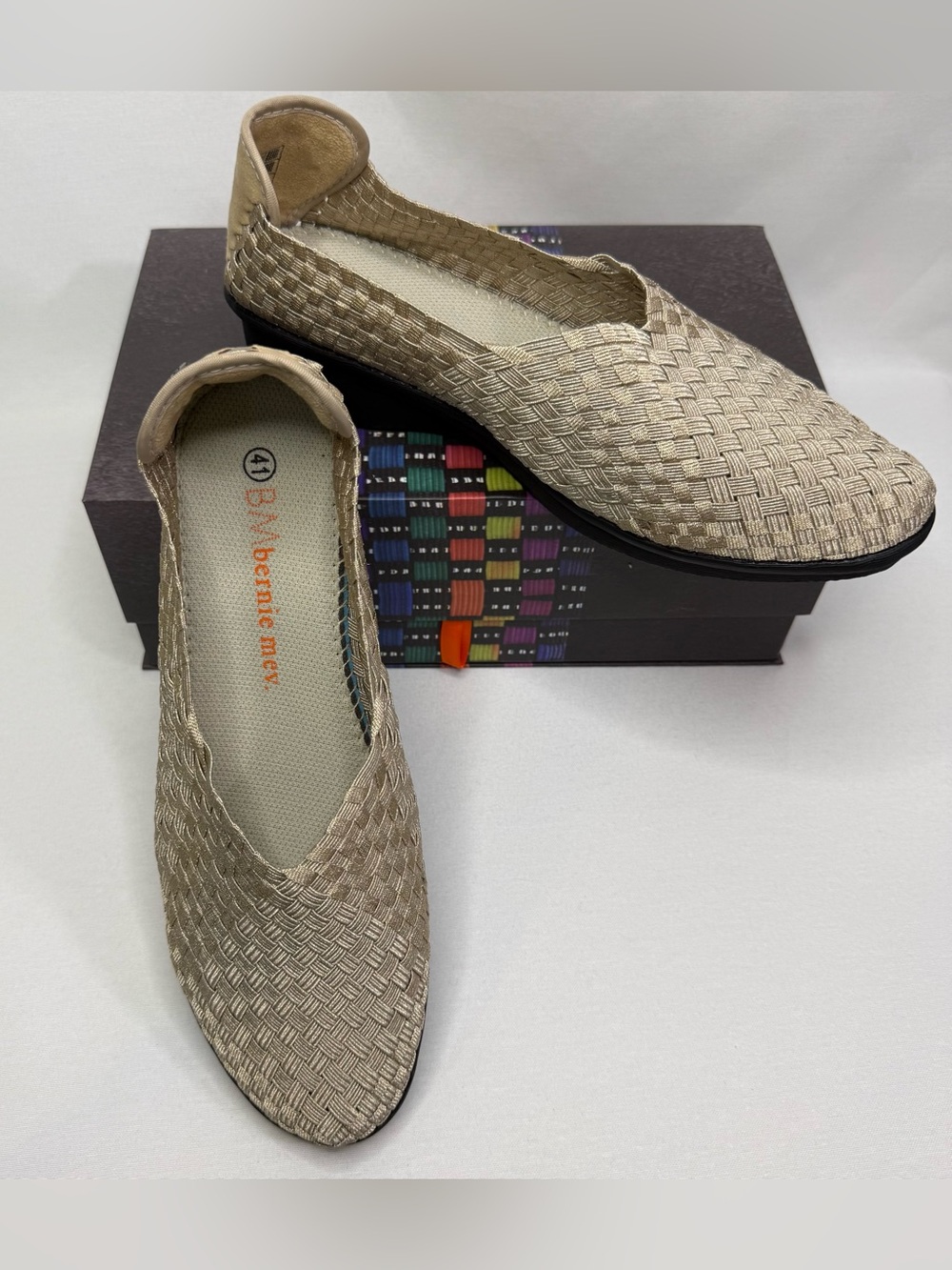 Bernie Mev. Yael Fly Light Gold Woven Slip-On Wedge Shoes Size 41 (US Size 10)